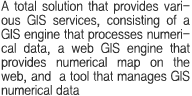 GIS수치 데이터를 처리하는 GIS엔진과  웹에서 수치 지도를 제공하는 Web GIS 엔진 및 GIS 수치 데이터를 관리하는 도구로 구성되어 있으며, 다양한 GIS서비스를 제공하는 GIS종합 솔루션 도구
