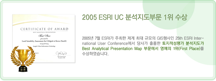 2005 ESRI UC 분석지도부문 1위 수상-2005년 7월 ESRI가 주최한 제계 최대 규모의 GIS행사인 25th ESRI International User Conference에서 당사가 출품한 토지적성평가 분석지도가 Best Analytical Presentation Map 부문에서 영예의 1위(First Place)를 수상하였습니다.